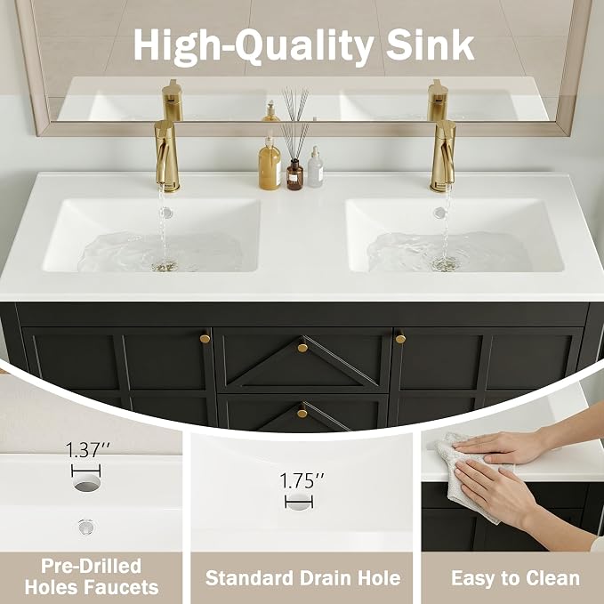 Bathroom Vanity with Double Sink Set, 48 Inch Pedestal Sink Storage Cabinet with 2 Drawers & 2 Doors, Mid-Century Modern Bathroom Vanity with Open Bottom Shelf, Black