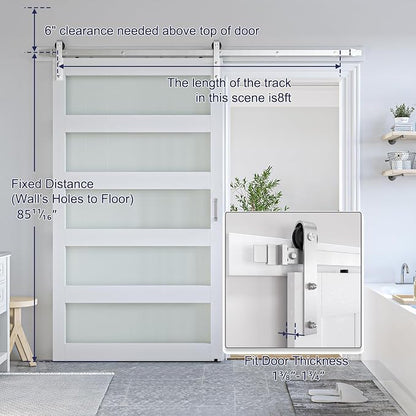 SMARTSTANDARD 48 x 84 in Glass Barn Door with 8FT Silver Sliding Hardware | Brushed Nickel Sliding Hardware Kit & Handle, Pre-Drilled Ready to Assemble, Waterproof PVC Coating, White, 5-Panel Glass
