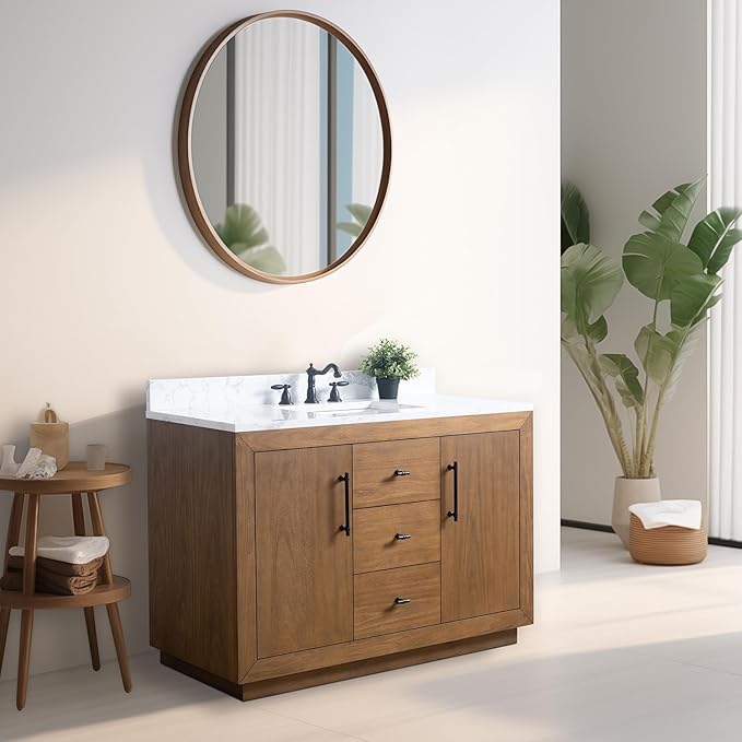 Vanity Art 48" Bathroom Vanity with Sink, Solid Poplar Wood Vanity Cabinet with Doors and Shelf, Modern Wood Bathroom Vanity with White Marble Top, 3 Functioning Drawers, VA70-48-T-E
