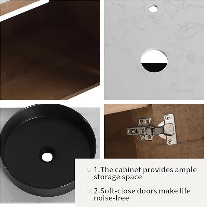 LKTART 30 Inch Floating Bathroom Vanity with Sink, Modern Wall Mounted Bathroom with Soft Close Door, Black Round Ceramic Basin and Sintered Stone Top