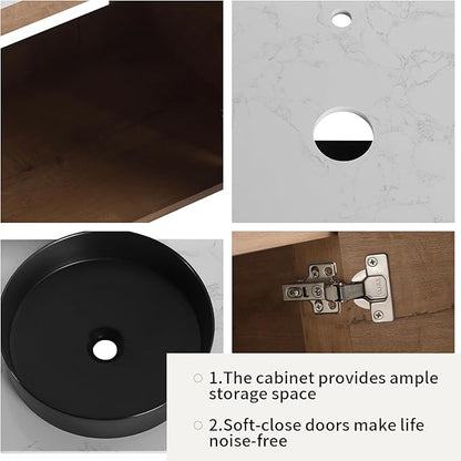 LKTART 30 Inch Floating Bathroom Vanity with Sink, Modern Wall Mounted Bathroom with Soft Close Door, Black Round Ceramic Basin and Sintered Stone Top