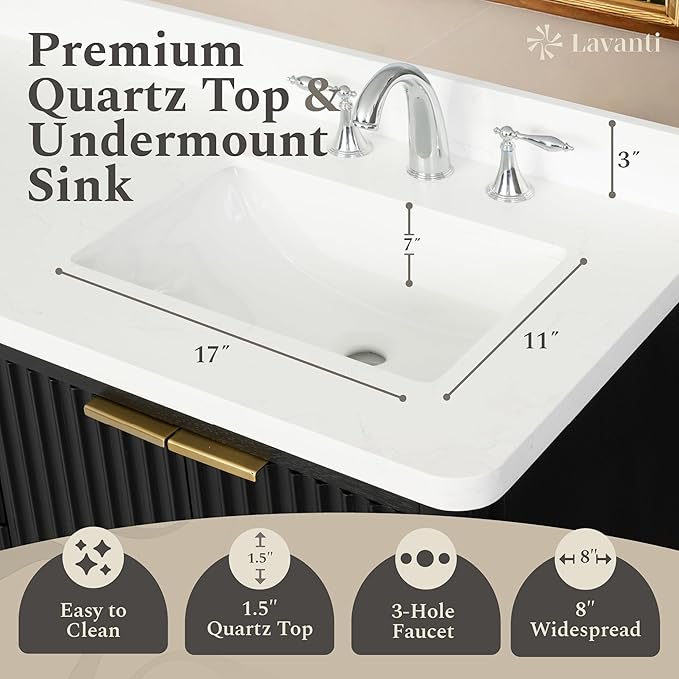 Lavanti Wooderna 60 Inch Bathroom Vanity with Sink – Stylish Firewood Black Vanity Bathroom with Storage Cabinet – Modern Bathroom Vanities with Double Vanity Sink & Quartz Countertop