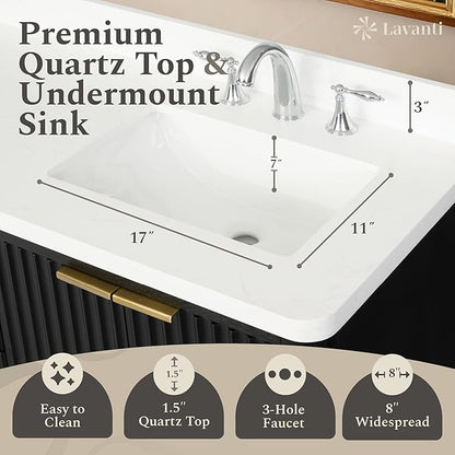 Lavanti Wooderna 60 Inch Bathroom Vanity with Sink – Stylish Firewood Black Vanity Bathroom with Storage Cabinet – Modern Bathroom Vanities with Double Vanity Sink & Quartz Countertop