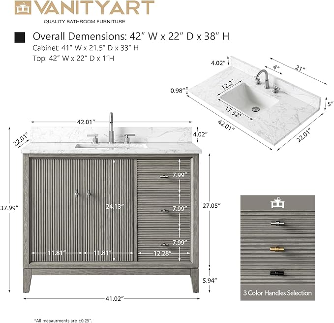 Vanity Art 42" Bathroom Vanity with Single Sink & Arabescato White Engineered Stone Top, Vanity Cabinet with Soft Closing Door, Solid Wood Frame, Golden Brushed Handles, Driftwood Gray VA8142-DG-GB
