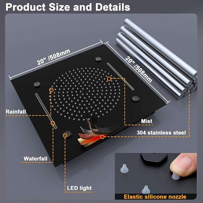 Enga Luxury Dual Shower Head System with Body Jets LED Thermostatic Shower System with 6 inch Wall Shower, 20-Inch 3 Function Shower Head (Rainfall & Mist & Waterfall), Matte Black