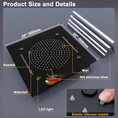 Enga Luxury Dual Shower Head System with Body Jets LED Thermostatic Shower System with 6 inch Wall Shower, 20-Inch 3 Function Shower Head (Rainfall & Mist & Waterfall), Matte Black