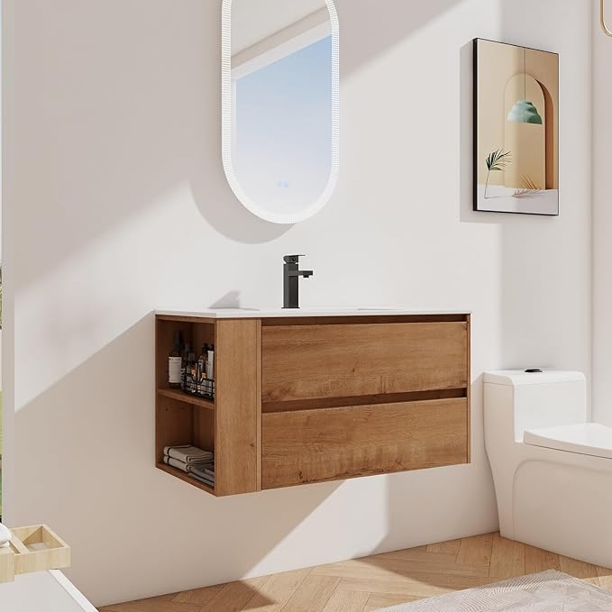 Henf 36 Inch Wall Mount Bathroom Vanity W/Sink Combo, Modern Design Vanity Cabinet with Ceramic Basin, Floating Mounting Bathroom Cabinet Set with 2 Drawer and Adjustable Storage Shelf, Oak