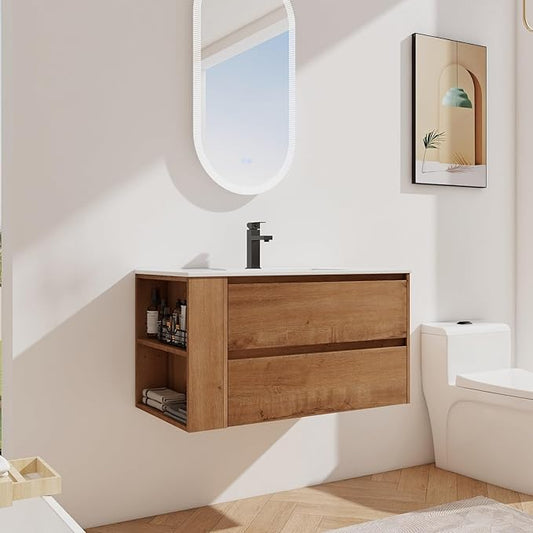 Henf 36 Inch Wall Mount Bathroom Vanity W/Sink Combo, Modern Design Vanity Cabinet with Ceramic Basin, Floating Mounting Bathroom Cabinet Set with 2 Drawer and Adjustable Storage Shelf, Oak