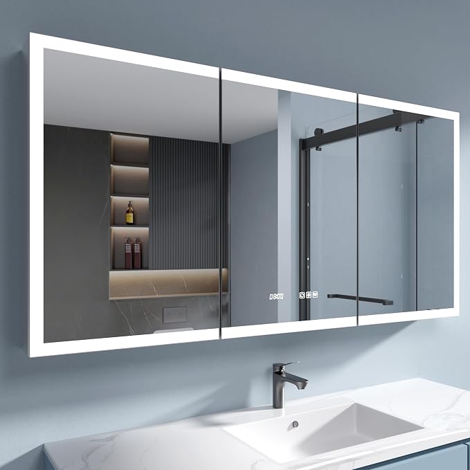 LED Medicine Cabinet 60x30 Anti-Fog Mirror Dimmable Recessed Mount | 3 Color Dimmable LED. Time Temp Display. Anti-Fog IP44. 2 Outlets+2 USB. Plug-in/Hardwired. Recessed/Wall Mount