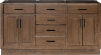ARIEL Hepburn 66-inch Bathroom Vanity Base Cabinet,Solid Wood, 4 Soft Closing Doors, 6 Dovetail Drawers, Brown Oak