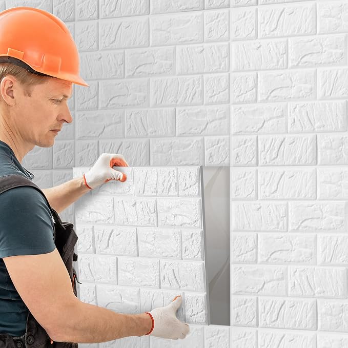 30 Pcs 3D Wall Panels Peel and Stick Wallpaper Foam, White | Faux Brick Stone Tiles, Covering 28.8-48.4 Sq ft, Self Adhesive Waterproof Panels for Bedroom Living Room Kitchen Walls