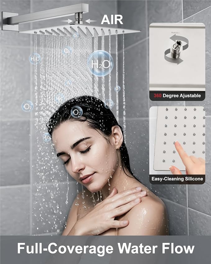 Aolemi Shower System with Tub Spout and Valve Brushed Nickel | 10-Inch Square Wall Mounted Rainfall Shower Head and Handheld,3-Function Bathtub Shower Faucet Set
