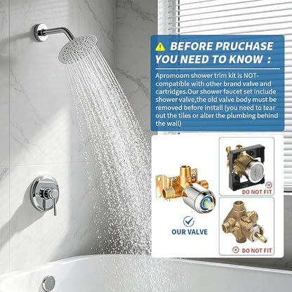 Chrome Shower Head and Faucet Set Complete with Valve Shower Fixtures with 6 Inch High Pressure Rain Shower Head Trim Kit for Standard Bathroom Upgrades - Regaderas Para Baño Modernas