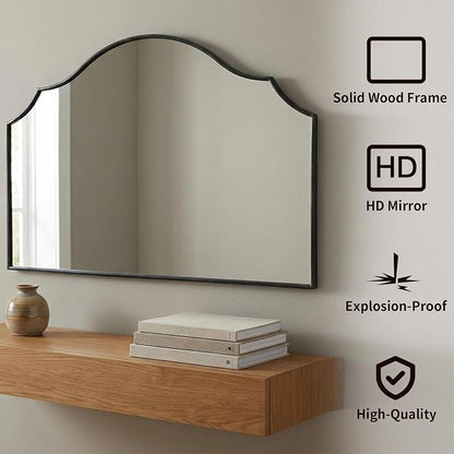 Besdomus Black Scalloped Wall Mirror: 47"x31" Large Wooden Fireplace Mirror | Modern Minimalist Decorative Arched Mirror for Vanity/Dresser/Bedroom/Entryway/Bathroom/Living Room/Dining Room/Over Sink