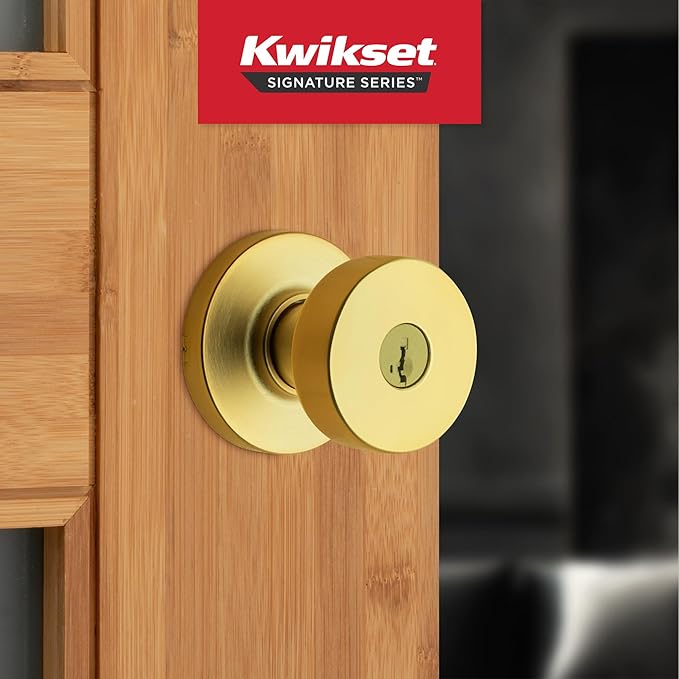 Kwikset Pismo Entry Door Knob with Lock and Key, Secure Keyed Handle Exterior, Front Entrance and Bedroom, Satin Brass, 10 Pack, Pick Resistant SmartKey Rekey Security