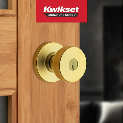 Kwikset Pismo Entry Door Knob with Lock and Key, Secure Keyed Handle Exterior Doorknob, Front Entrance and Bedroom, Satin Brass, Round, Pick Resistant SmartKey Rekey Security, Microban Protection