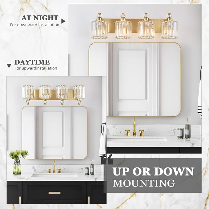 4-Lights Brushed Brass Bathroom Light Fixture Gold Vanity Lights Modern Crystal Bathroom Vanity Lighting Over Mirror Wall Sconce with K9 Crystal Shade E26 Base for Living Room, Bedroom Wall Lamp