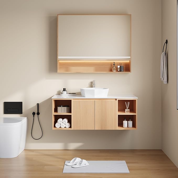 48" Floating Bathroom Vanity with Sink, Modern Vanity Cabinet with Sintered Stone Countertop, Wall Mount Bathroom Sink with Storage, Ceramic Basin, Light Wood (Polygon)