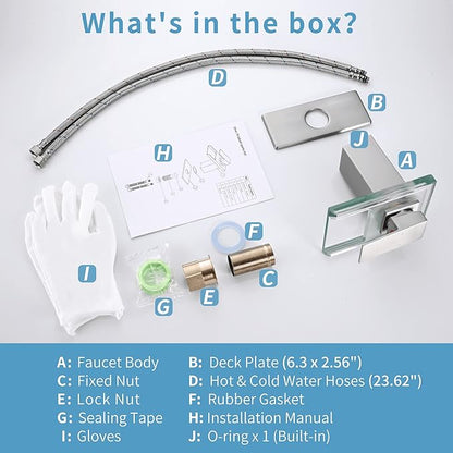 LED Bathroom Sink Faucet - Brushed Nickel Single Hole or 4 Inch Centerset Waterfall Faucet with Glass Spout and Temperature-Sensitive LED Lights, Includes Deck Plate