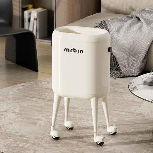 MRBIN Office Trash Can with Lid, Small Bathroom Automatic Adsorption Open Top 3.5 Gal / 13L Touchless Motion Sensor Waste Basket, Slim Decor Garbage Bin for Bedroom, Office, Cream White