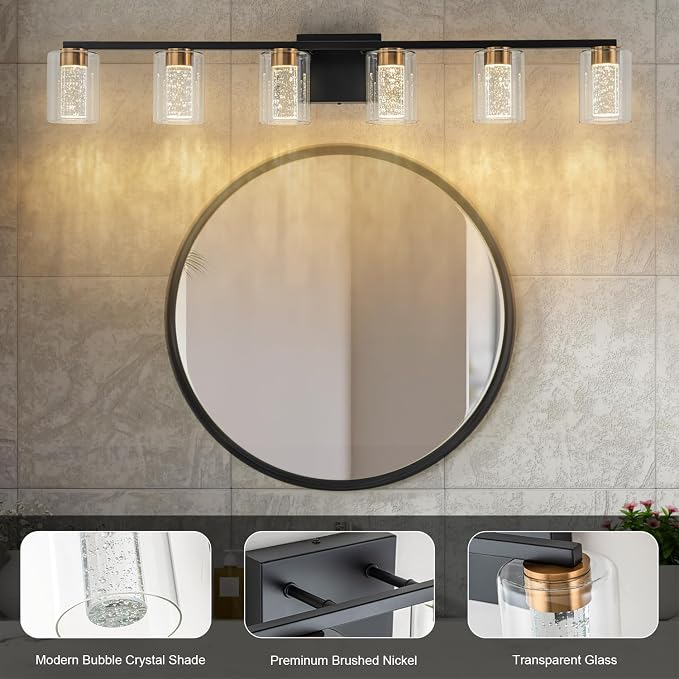SineRise 6-Light Black and Gold Vanity Light with 3 Color Modes (3000K/4000K/6000K), Eye Protection LED Bathroom Light Fixture, Dimmable Modern Wall Light Over Mirror with Clear Glass Shade
