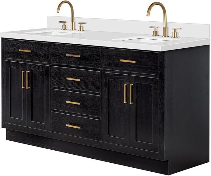 ARIEL Hepburn 66-inch Bathroom Vanity with Sink,Solid Wood, 1.5-inch Pure White Quartz Countertop, Double Rectangular Porcelain Sink, 4 Soft Closing Doors, 6 Dovetail Drawers, Black Oak