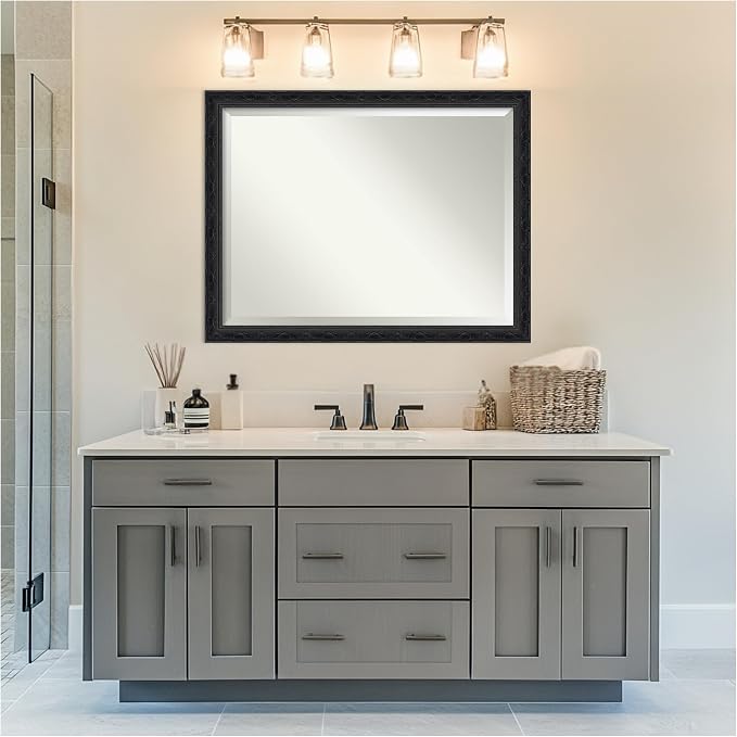 Amanti Art Black Bathroom Mirror for Over Sink, 34x44 Filigree Gloss Black Rectangle Vanity Mirror, X-Large Traditional Frame, Hangs Horizonally and Vertically, Bathroom Wall Decor, Beveled Edge