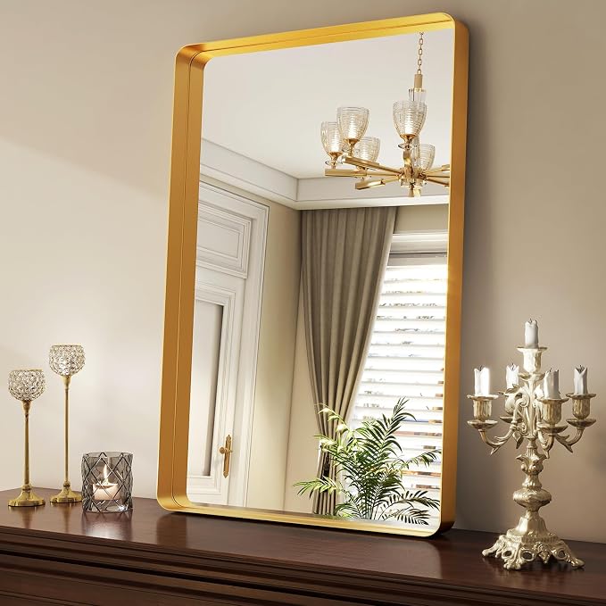 Easly 36 x 24 Inch Gold Bathroom Mirror for Wall,Aluminum Alloy Frame Rectangular Wall Mounted Mirror for Farmhouse Decor Horizontal or Vertical Ideal for Bedroom, Living Room
