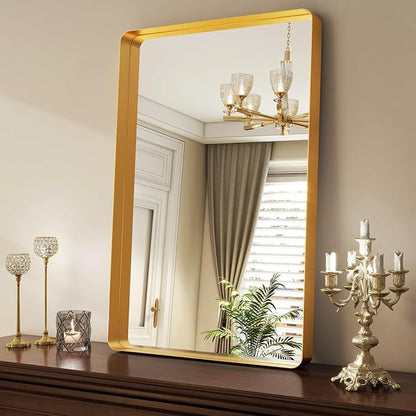 Easly 36 x 24 Inch Gold Bathroom Mirror for Wall,Aluminum Alloy Frame Rectangular Wall Mounted Mirror for Farmhouse Decor Horizontal or Vertical Ideal for Bedroom, Living Room