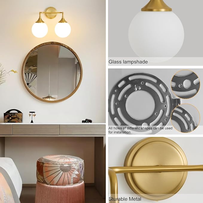 Brushed Gold Bathroom Light Fixtures Over Mirror Vanity 2-Light | Mid Century Modern Brushed Gold Wall Sconce with Milky White Glass Ball Shades for for Bathroom Dressing Table Bedroom