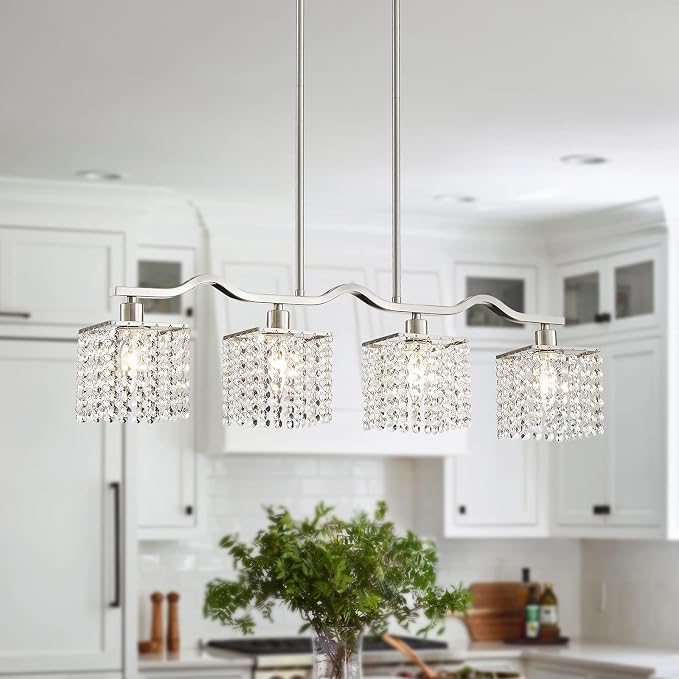 WUZUPS Crystal Chandelier 4-Light Linear Raindrop Pendant Ceiling Light Modern Lighting Fixture for Bedroom Dinning Room Bar Kitchen Island, H8.7'' W4.7'' L30.5, E12 Base, Nickel