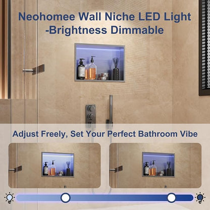 18X12 RGB Shower Niche, Brushed Nickel Stainless Steel LED Wall Niche, No Tile Needed Wall Cabinet for Bathroom Storage Built-in Installation