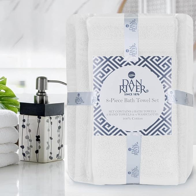 DAN RIVER 8 Piece Luxury Bath Towels for Bathroom, Towel Set, White | 2 Bath towels, 2 Hand towels, and 4 Wash Cloths, 600 GSM 100% Ring Spun Cotton, Highly Absorbent, Gym, Hotel, guest, and Spa