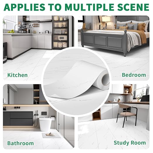 White Marble Peel and Stick Floor Tiles, A Roll of Vinyl Flooring Waterproof – 11.8" Width 590" Length, Self-Adhesive and Non-Slip Features for Bathroom, Kitchen and Living Room