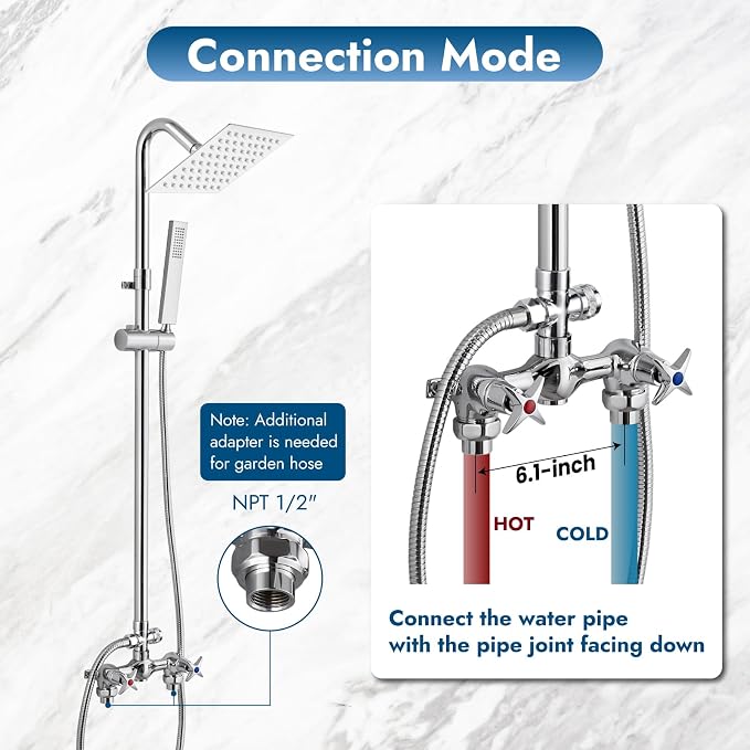 Wall Mounted Outdoor Shower Kit,Outdoor Shower Faucet,Polish Chrome | 6-Inch Square Rainfall Shower Head with Handheld Spray, Adjustable Slide Bar & Dual Function Design for Flexible Outdoor Use