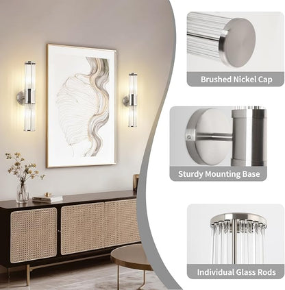 Dual Sconce Vanity Set of 2, Brushed Nickel Wall Light with Clear Glass Rods Shape, Industrial Vanity Lighting for Bathroom Mirror and Modern Bedroom