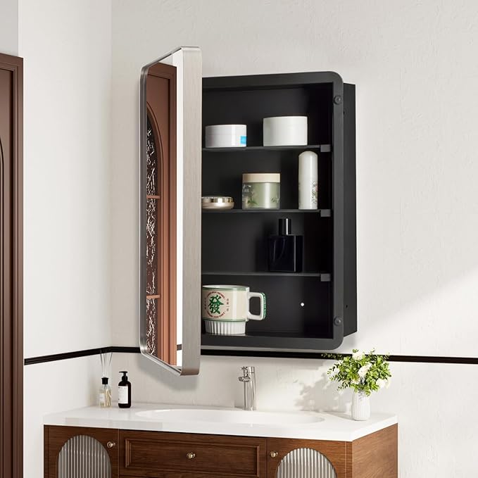 16’’x26’’ Medicine Cabinet,Metal Framed Medicine Cabinet Mirror with Round Corner,Recessed and Surface Mount Bathroom Mirror with Storage, Removeable Shelves,Sliver