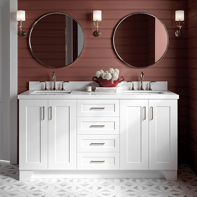 ARIEL Taylor 66-inch Bathroom Vanity with Sink,Solid Wood, 1.5-inch Pure White Quartz Countertop & Backsplash, Double Oval Porcelain Sink, 4 Soft Closing Doors, 5 Dovetail Drawers, Satin Brass, White