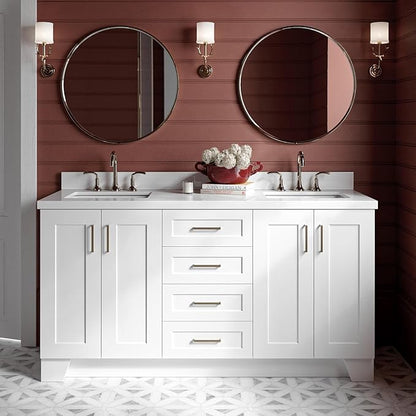 ARIEL Taylor 66-inch Bathroom Vanity with Sink,Solid Wood, 1.5-inch Pure White Quartz Countertop & Backsplash, Double Oval Porcelain Sink, 4 Soft Closing Doors, 5 Dovetail Drawers, Satin Brass, White