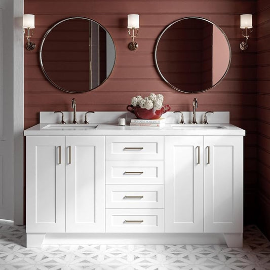 ARIEL Taylor 66-inch Bathroom Vanity with Sink,Solid Wood, 1.5-inch Pure White Quartz Countertop & Backsplash, Double Oval Porcelain Sink, 4 Soft Closing Doors, 5 Dovetail Drawers, Satin Brass, White