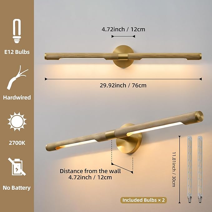 Museum Gallery Bathroom Picture Light - 30 Inch Long Gold Brass Dimmable Hardwired Wall Sconces with E12 Bulb - Frame Pictures Art Deco Sconce Lights for Painting Photo Artwork Library Vanity Over
