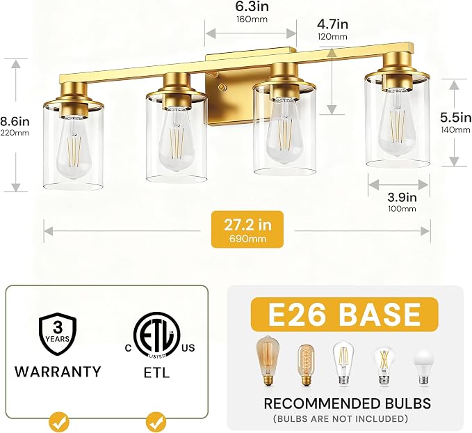 L LOHAS LED 4-Light Bathroom Vanity Light, Gold | Clear Glass Shades; Modern Bathroom Light Fixture for Bathrooms, Bedrooms and Hallways