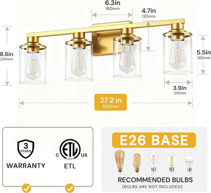 L LOHAS LED 4-Light Bathroom Vanity Light, Gold | Clear Glass Shades; Modern Bathroom Light Fixture for Bathrooms, Bedrooms and Hallways