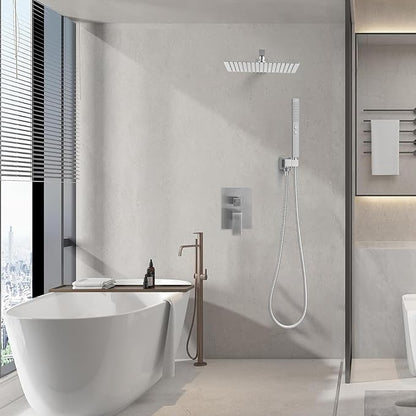 RUMOSE Brushed Nickel Rainfall Shower System 12 Inch High Pressure Square Shower Head with 2 in 1 Handheld Spray Wall Mount Brass Bathroom Shower Faucet Set with cUPC Certified Rough-in Valve