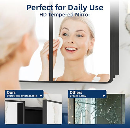 Bathroom Medicine Cabinet with Mirror 24 x 30 Inch, Black Medicine Cabinet Recessed or Surface Wall-Mounted, Mirrored Cabinets with Sturdy Metal Adjustable Shelves for Bathroom Vanity