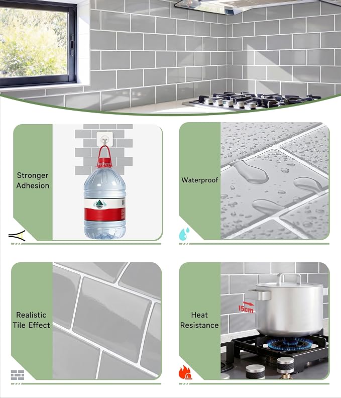 Peel and Stick Backsplash for Kitchen: Self Adhesive Wall Tiles for Bathroom - Vinyl Thick Back Splash Tile (10, Grey)