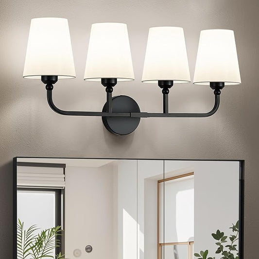 Bathroom Vanity Light, Matte Black Bathroom Light Fixtures, 4-Light Lighting Fixtures Over Mirror, Modern Wall Sconce with Flared White Fabric Shade, E26 Socket(ETL Listed)