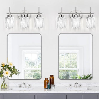 Modern Crystal Bathroom Vanity Light, 3-Light Chrome Vanity Light with Clear K9 Crystal Shades, Bathroom Light Fixtures Over Mirror (Bulbs Not Included)