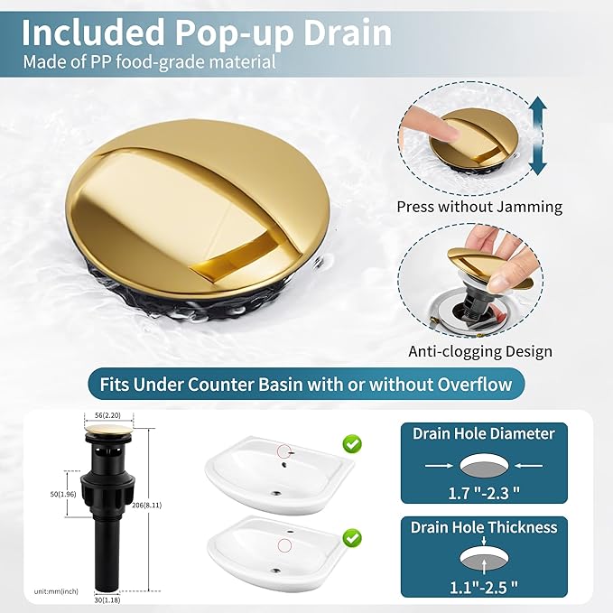 sagetta Waterfall Bathroom Sink Faucet Single Hole Faucet with Three Hole Cover Deck Plate, Pop up Drain and Water Hoses Stainless Steel Vanity Gold Color