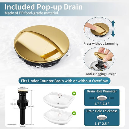 sagetta Waterfall Bathroom Sink Faucet Single Hole Faucet with Three Hole Cover Deck Plate, Pop up Drain and Water Hoses Stainless Steel Vanity Gold Color
